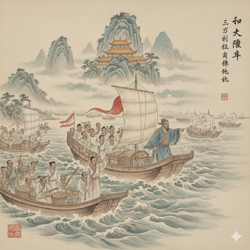 A expedição de Xu Fu. Imagem gerada pelo Google Gemini.