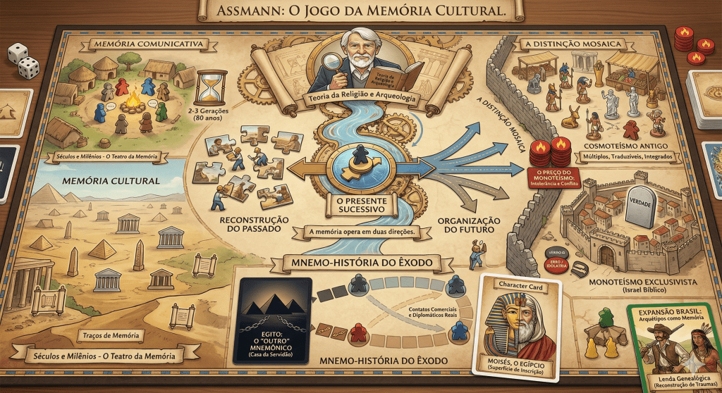 jogo de tabuleiro, gerado pelo Gemini, é um infográfico com as principais ideias do egiptólogo Jan Assmann. O foco é na memória cultural.