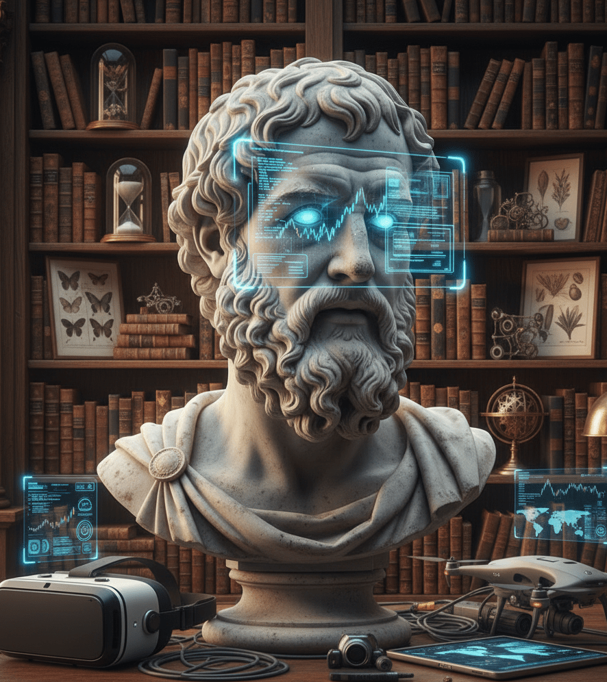 educação clássica, artes liberais. Imagem de um busto grego em uma biblioteca. tela com projeções tecnológicas.